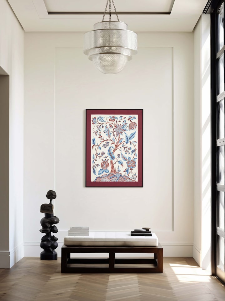 Side view of Kalamkari Tree of Knowledge Painting by Swadesh highlighting the detailed Kalamkari art style and intricate tree design.