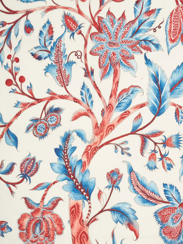 Detailed view of Kalamkari Tree of Knowledge Painting by Swadesh showing the intricate lines and vivid colors in the tree illustration.