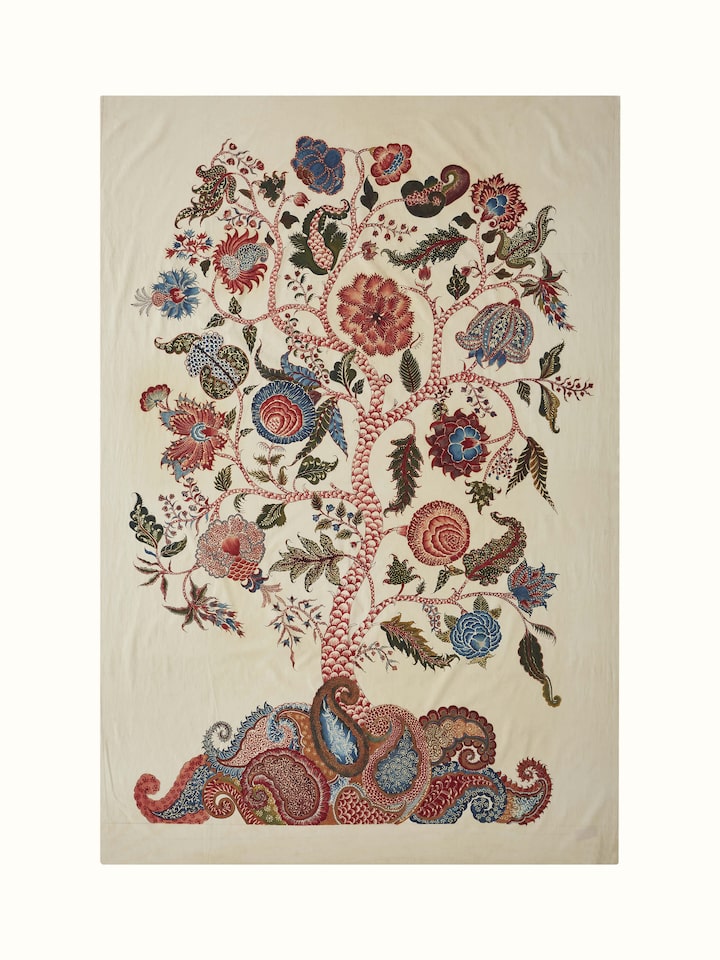 Front view of Kalamkari divine tree painting highlighting vibrant colors and intricate design.