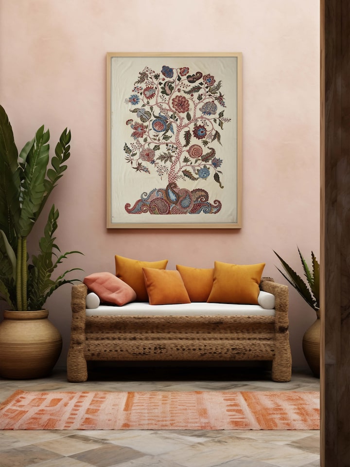 Detailed view of Kalamkari divine tree painting emphasizing detailed artistry.