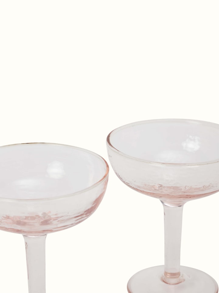 Close-up of glass-worked coupe glasses (2 pcs) from Swadesh, featuring the delicate craftsmanship and refined edges.