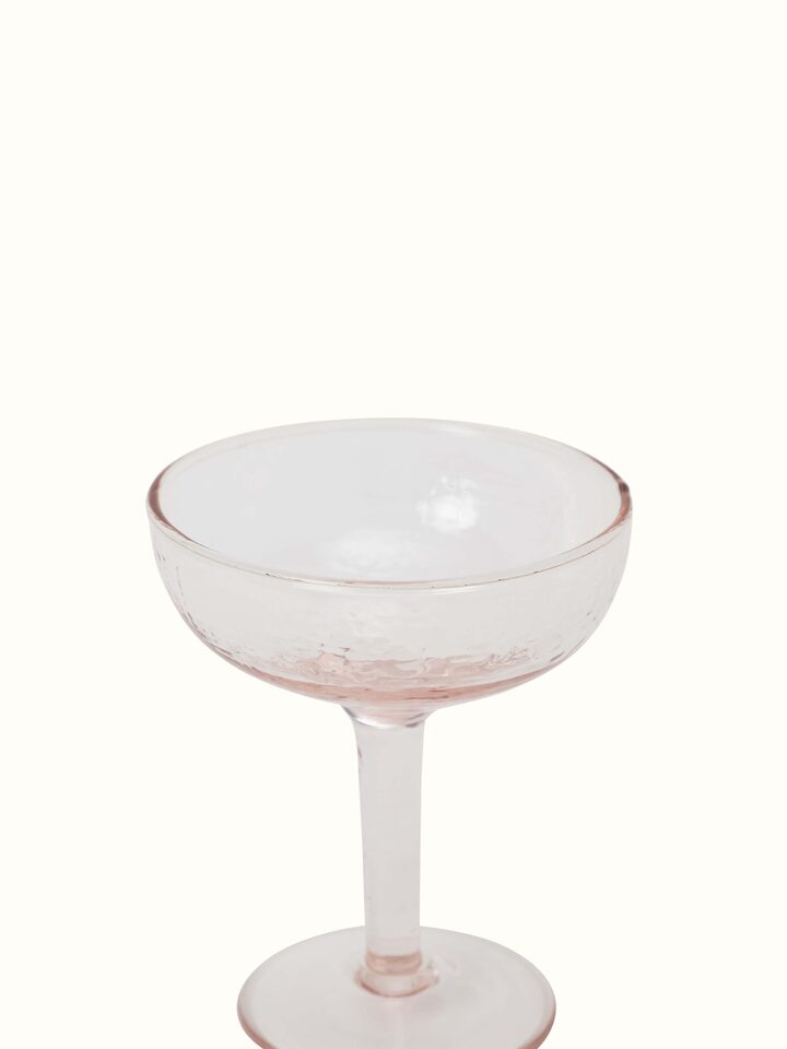 Angled view of glass-worked coupe glasses (2 pcs) by Swadesh, displaying the detailed glass pattern and classic style.