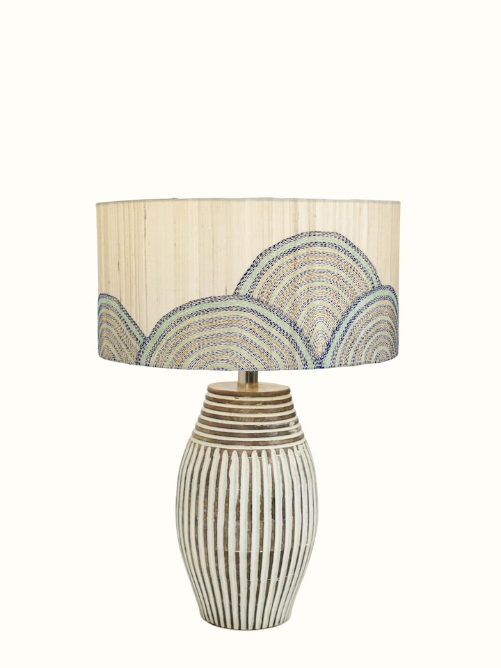 Front view of Sujani hand-embroidered cotton lampshade in beige color displaying intricate embroidery