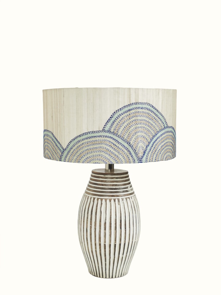 Close-up view of Sujani hand-embroidered cotton lampshade in beige color highlighting the embroidery