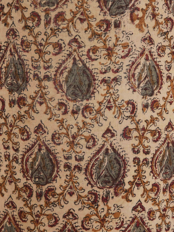 Detailed view of Kalamkari Block-Printed Cotton Lampshade in Beige Color focusing on fabric print