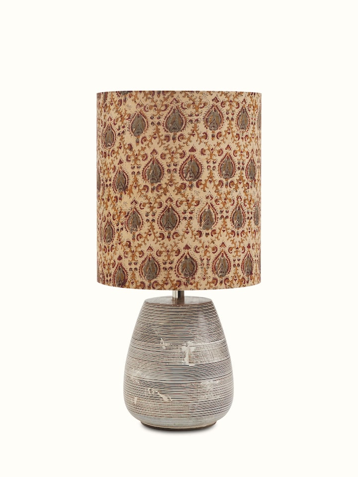 Kalamkari block-printed cotton lampshade in fawn color, featuring traditional patterns and a soft, warm tone.