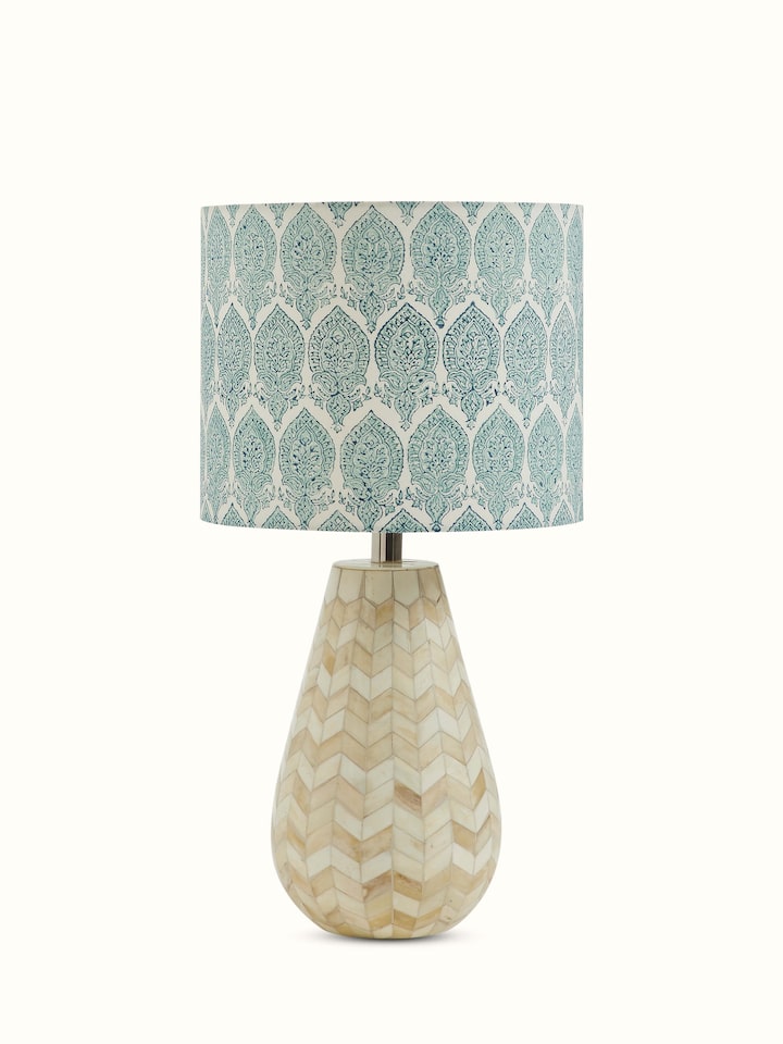 Front view of block-printed cotton lampshade in blue & white color featuring detailed traditional patterns
