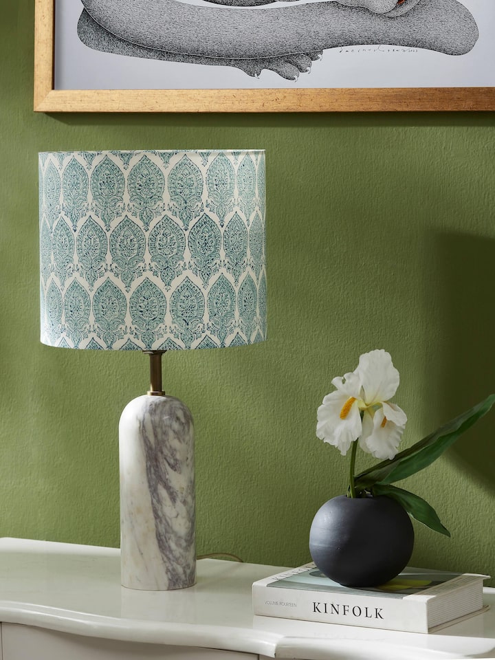 Side view of block-printed cotton lampshade in blue & white color showcasing the intricate print design and texture