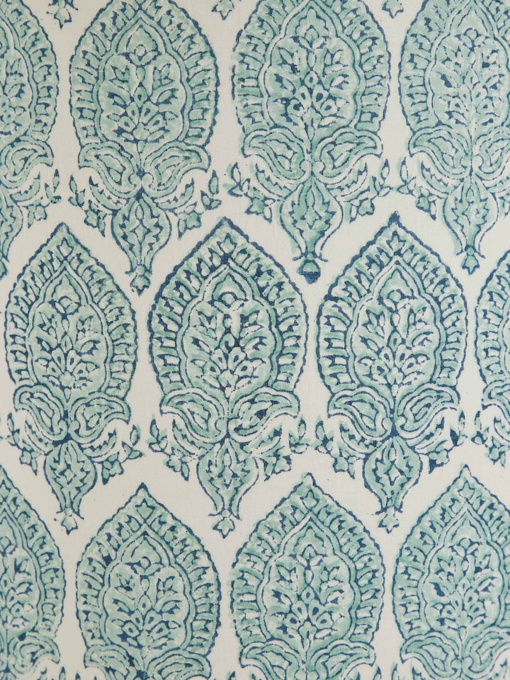 Detailed view of block-printed cotton lampshade in blue & white color highlighting the precise print and fabric quality