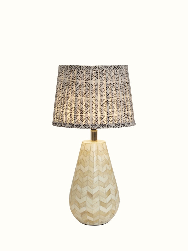Detailed view of Bagh block-printed cotton lampshade in monochrome showcasing fabric texture and print