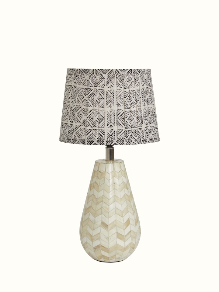 Front view of Bagh block-printed cotton lampshade in monochrome showcasing traditional block printing