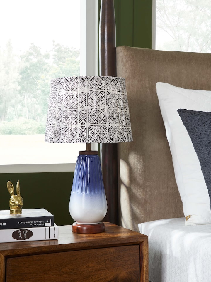 Side view of Bagh block-printed cotton lampshade in monochrome highlighting intricate block print details