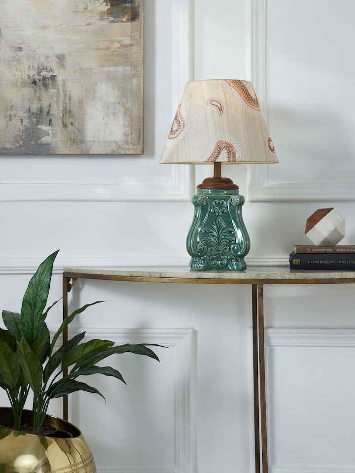 Side view of Sujani embroidered cotton lampshade highlighting its detailed embroidery