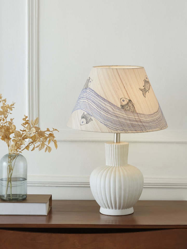 Side view of Sujani embroidered cotton lampshade in beige color