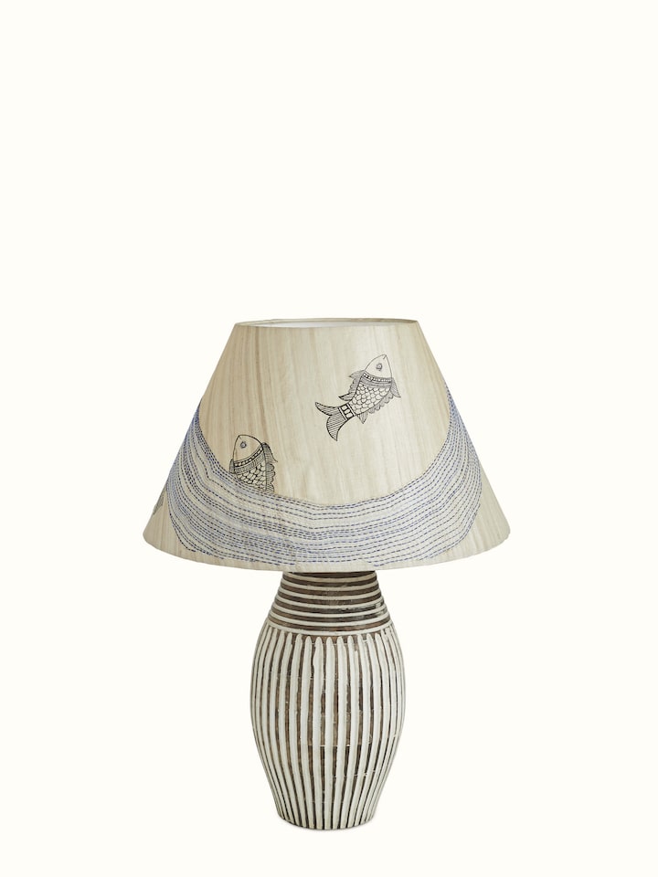 Close-up of Sujani embroidered cotton lampshade in beige color