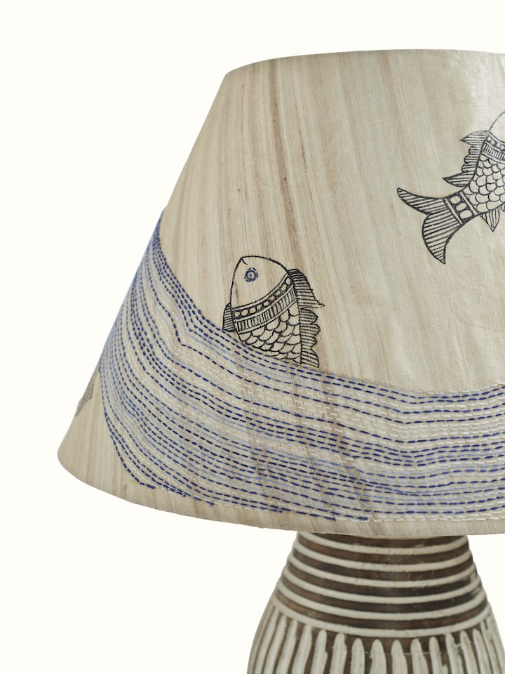 Detailed view of Sujani embroidered cotton lampshade in beige color