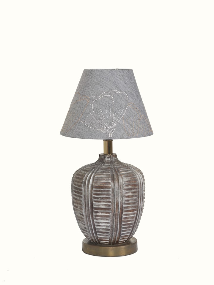 Front view of Sujani embroidered cotton lampshade in medium grey color showcasing detailed embroidery and elegant design