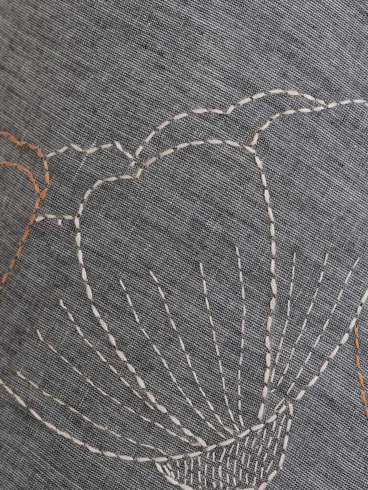Detailed close-up of Sujani embroidered cotton lampshade in medium grey color emphasizing the texture and quality of the embroidery