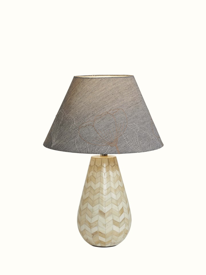 Detailed view of large grey Sujani embroidered cotton lampshade, focusing on the craftsmanship and embroidery.