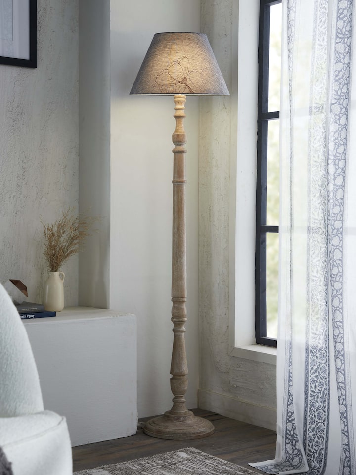 Close-up of Sujani embroidered cotton lampshade in grey, highlighting the detailed embroidery and fabric texture.