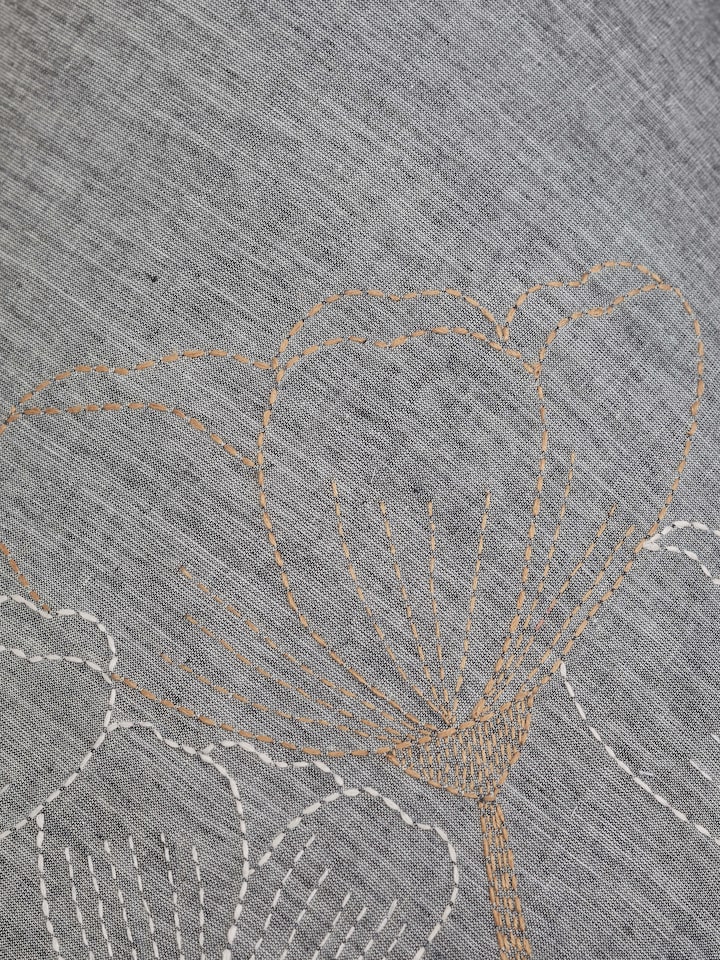 Side view of Sujani embroidered cotton lampshade (large, grey), emphasizing the lamp's shape and embroidery detail.