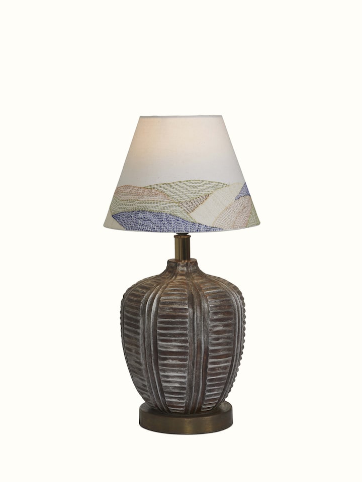 Another front view of Sujani Embroidered Cotton Lampshade in medium white color emphasizing the embroidery and elegant design.