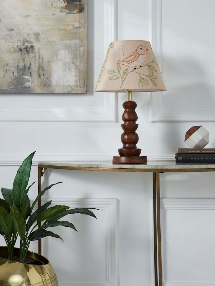 Side view of Sujani embroidered cotton lampshade large beige color showcasing detailed embroidery and texture
