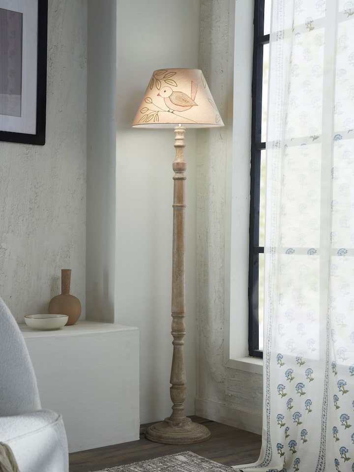 Side view of Sujani Embroidered Cotton Lampshade in Medium Beige Color, showcasing the shape and design details
