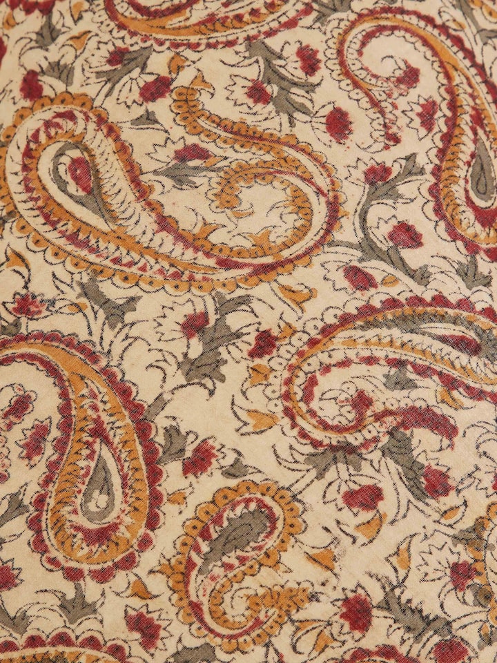 Side view of Kalamkari block-printed cotton lampshade in beige, showcasing the intricate block print design and fabric texture, Swadesh