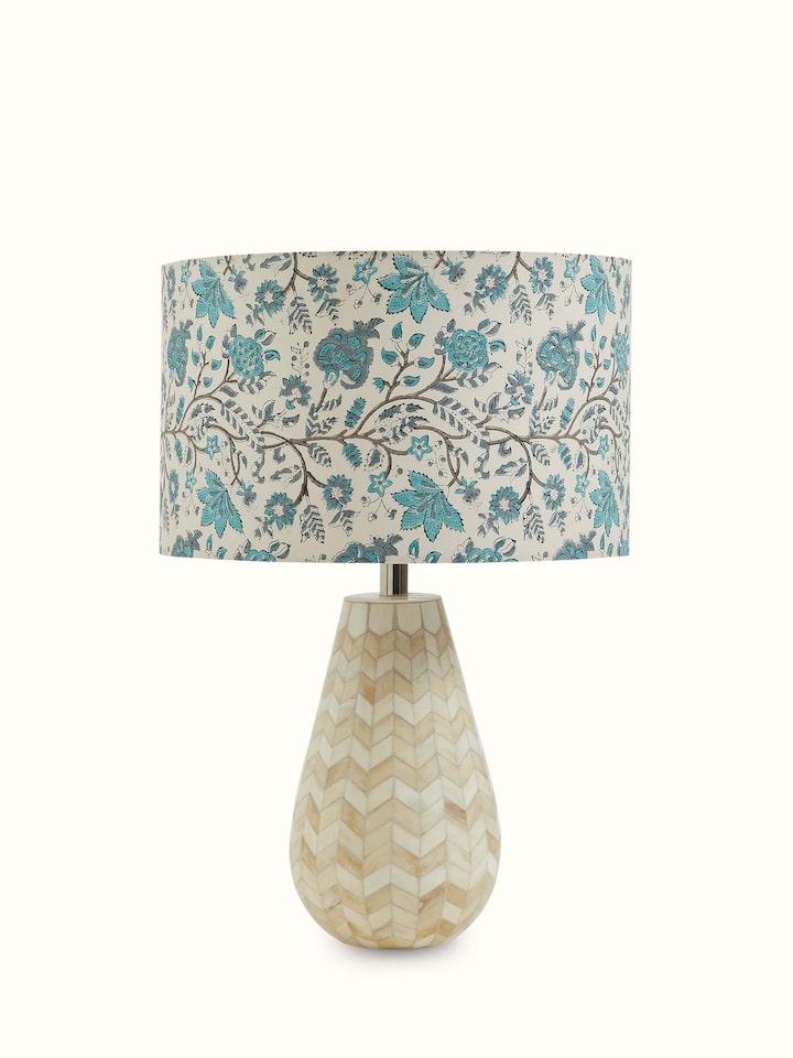 Front view of Block-printed cotton lampshade in blue & white color displaying its intricate block-printed patterns