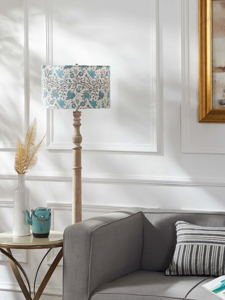 Side view of Block-printed cotton lampshade in blue & white color highlighting the detailed block print and fabric texture