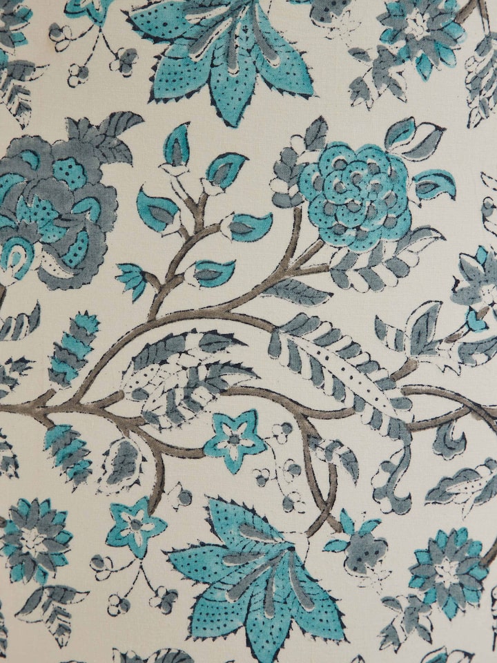 Detailed view of Block-printed cotton lampshade in blue & white color focusing on the fine block-printed designs and fabric quality