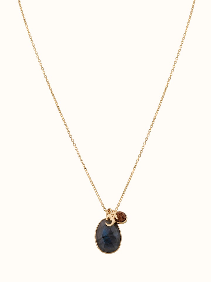 Front view of Labradorite, OM silver charm & Rudraksha necklace with 18K gold plating.