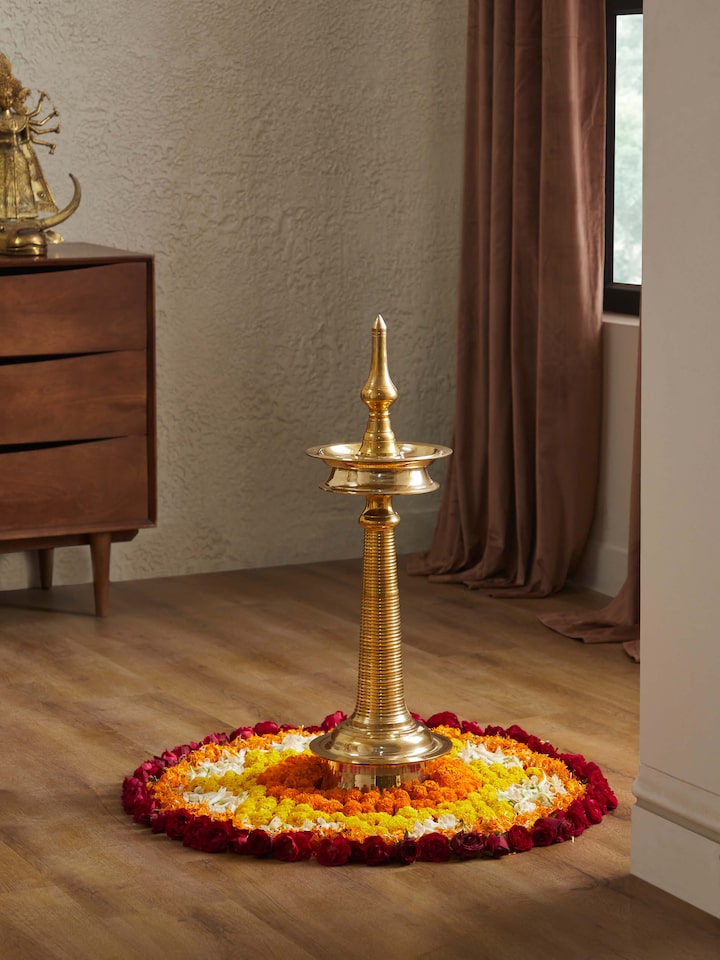 Side view of Brass-plated Kuthu Vilakku Stand Diya showcasing the detailed craftsmanship of the brass-plated stand