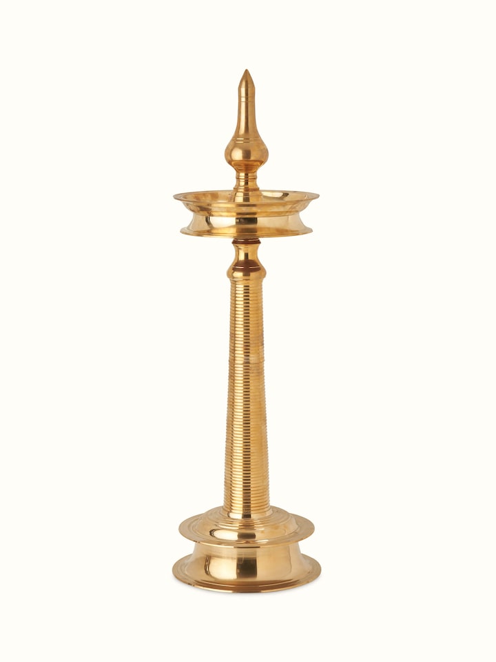 Front view of Brass-plated Kuthu Vilakku Stand Diya highlighting the traditional design and polished brass finish