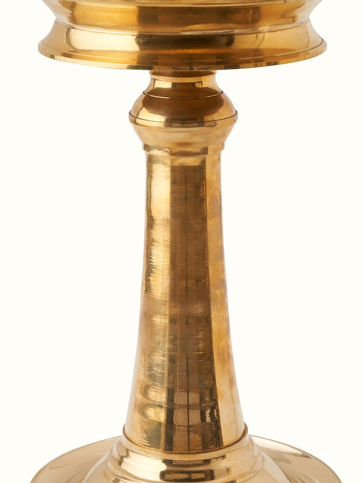 Detail view of Brass Samai Vilakku Stand Diya highlighting the handcrafted detailing and finish, from a different angle