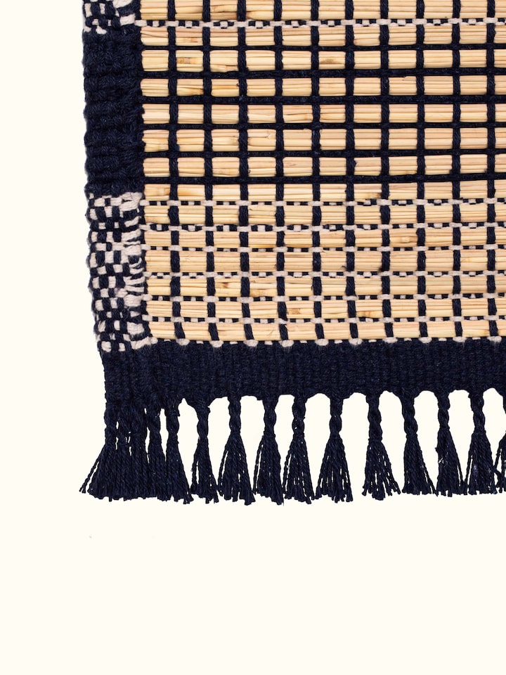 Detailed view of Indigo Stripe Natural Grass Cotton Yoga Mat emphasizing its high-quality finish and design