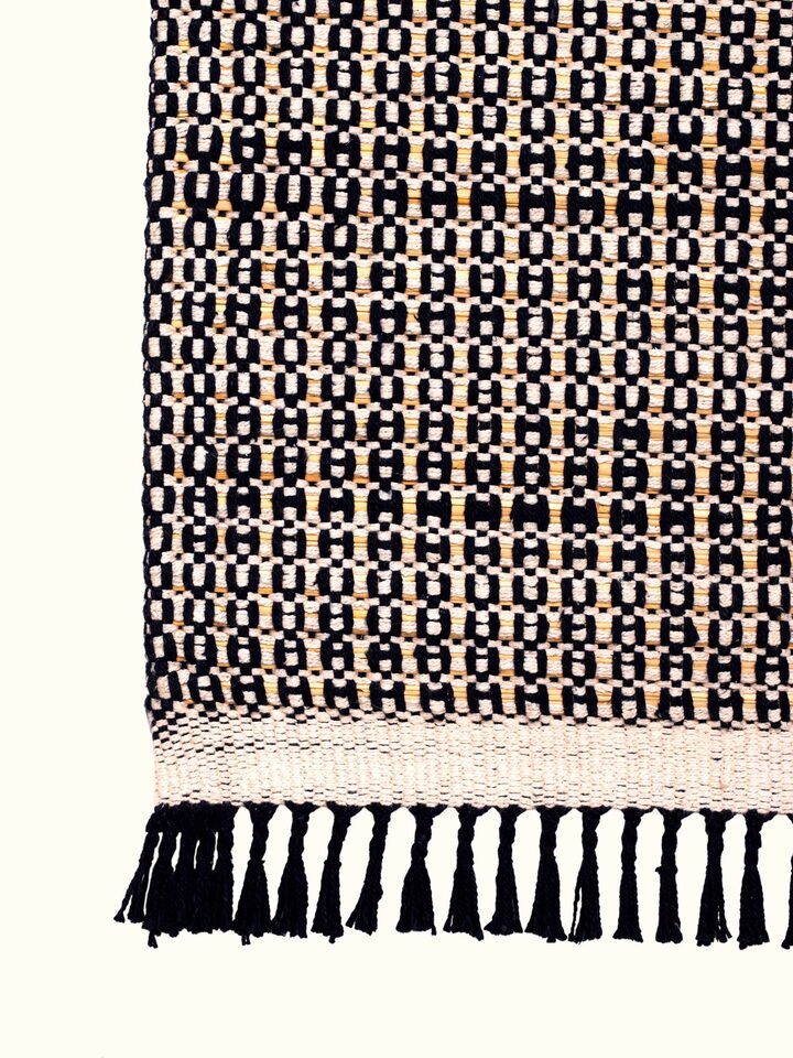 Side view of Indigo Ombre Natural Grass Cotton Yoga Mat with vibrant colors and eco-friendly design