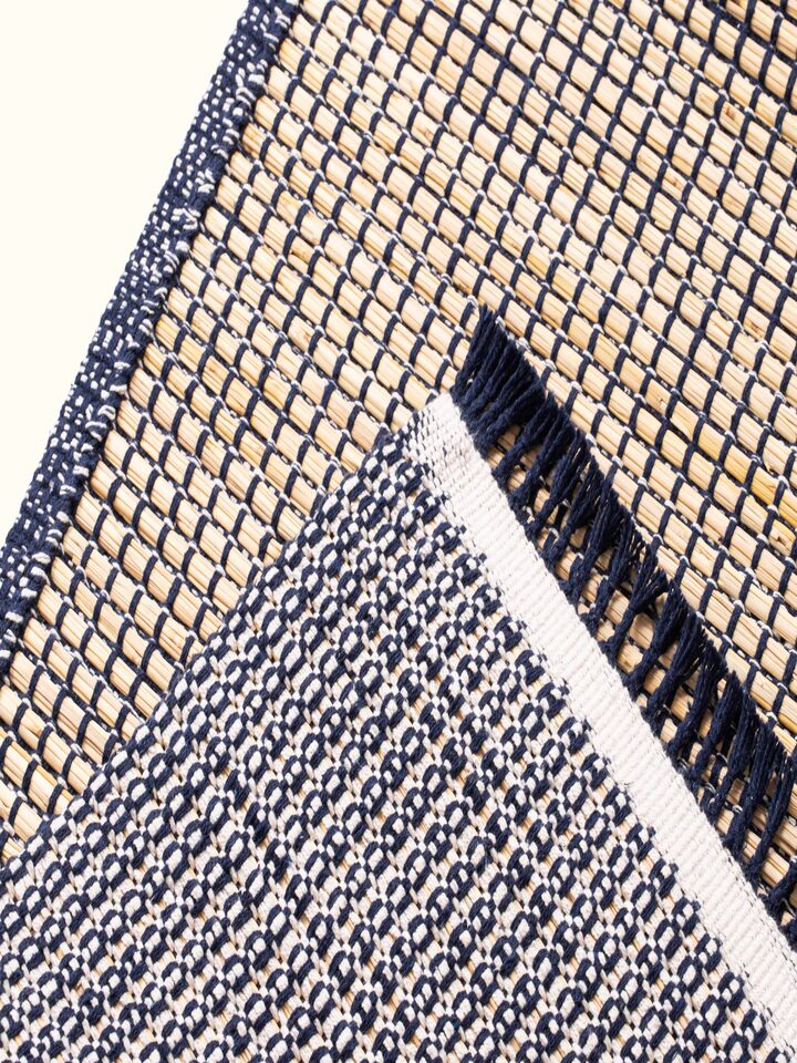 Close-up of Indigo Ombre Natural Grass Cotton Yoga Mat showcasing its premium texture and ombre design