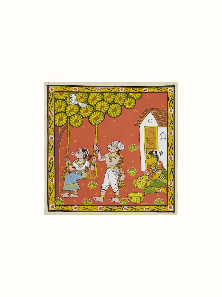 Detailed view of Cheriyal Swing Painting with vibrant colors and intricate storytelling elements