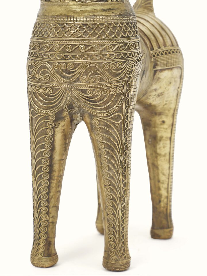 Back view of Ashvad Dhokra brass horse idol highlighting the detailed craftsmanship