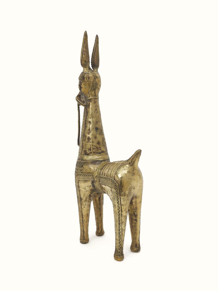 Front view of Ashvad Dhokra brass horse idol focusing on intricate patterns and details