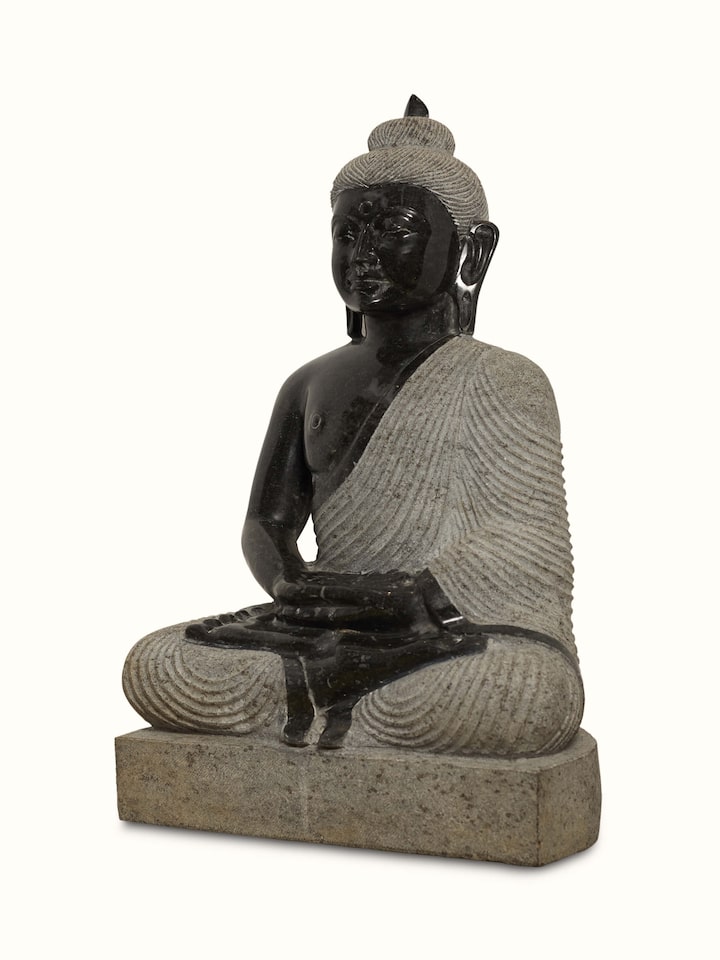 Detailed view of Maitreya Carved Stone Buddha Idol focusing on the carving and texture