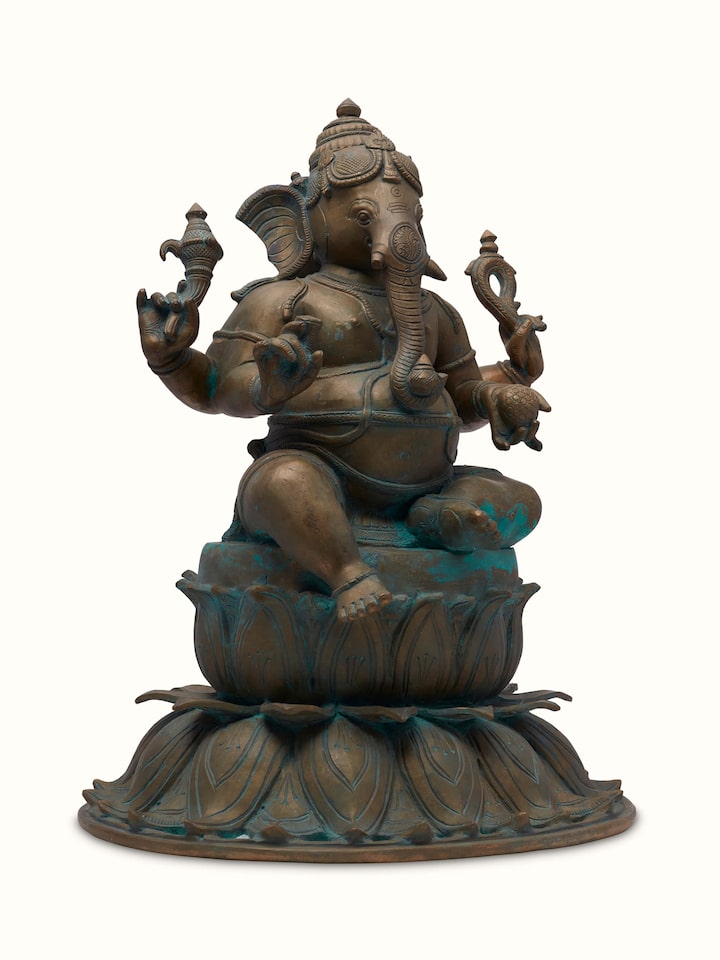 Close-up of the Prathameshwara bronze casting Gajanana idol, highlighting the intricate details and bronze finish.