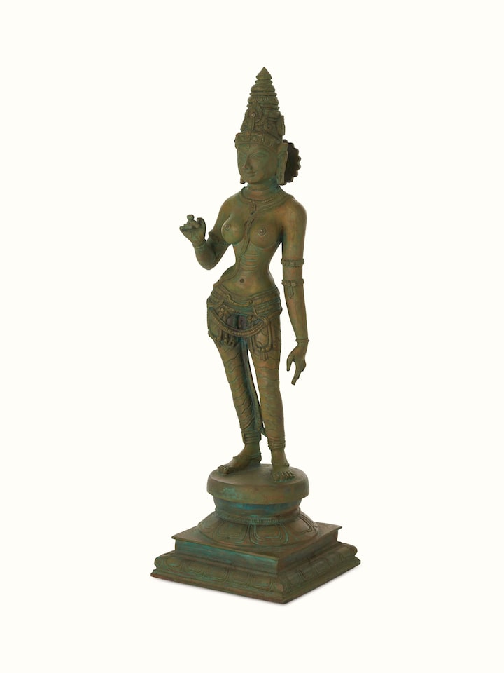 Close-up view of Gracious bronze casting goddess Parvathi idol focusing on intricate bronze details and craftsmanship.