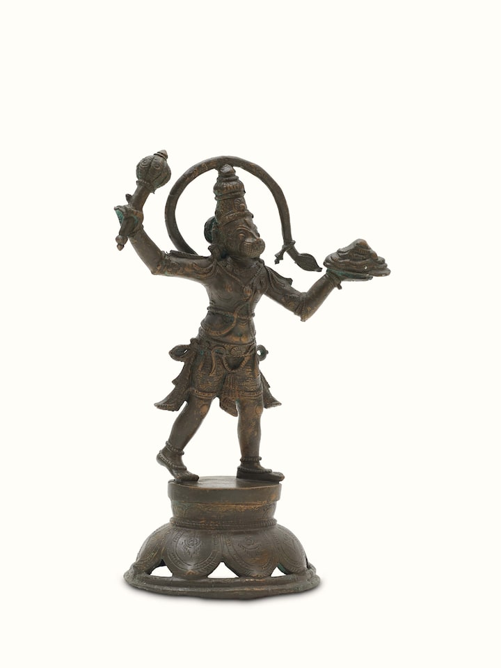 Side view of Anjaneyar with Sanjeevani Bronze Casting Idol showcasing detailed carvings and artistic craftsmanship