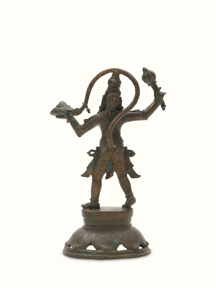 Back view of Anjaneyar with Sanjeevani Bronze Casting Idol showing the detailed work and polish of the bronze casting