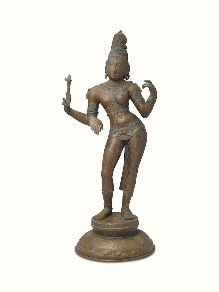 Front view of Ethereal Ardhanarishvara bronze casting idol showcasing detailed artistry