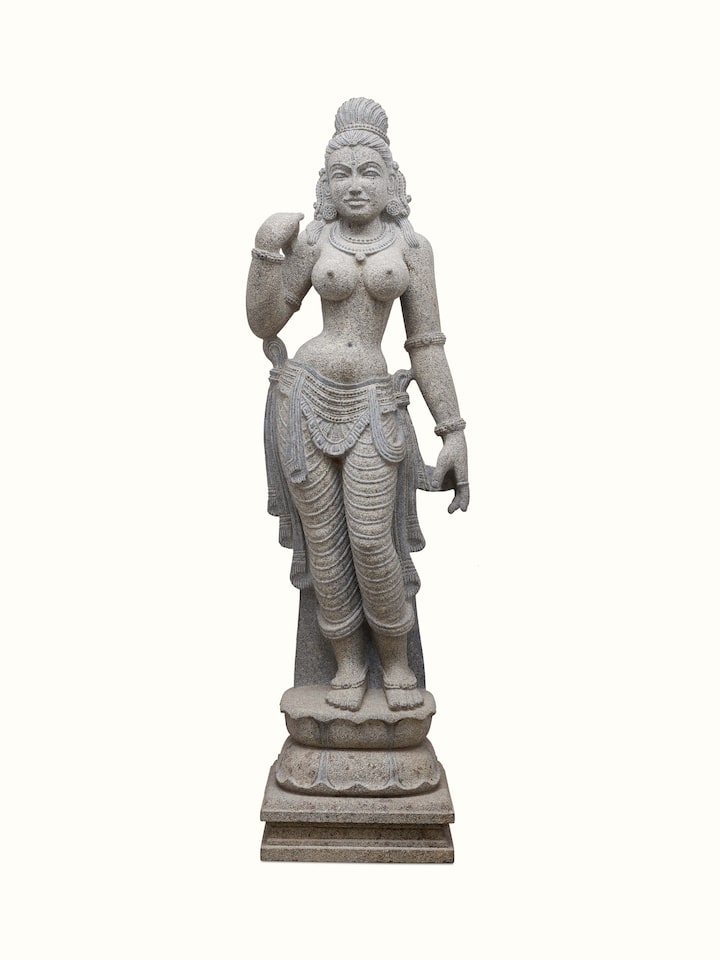 Front view of Deviji Stone Carved Idol, showcasing the divine expression and detailed hand-chiseled features of the sacred sculpture.