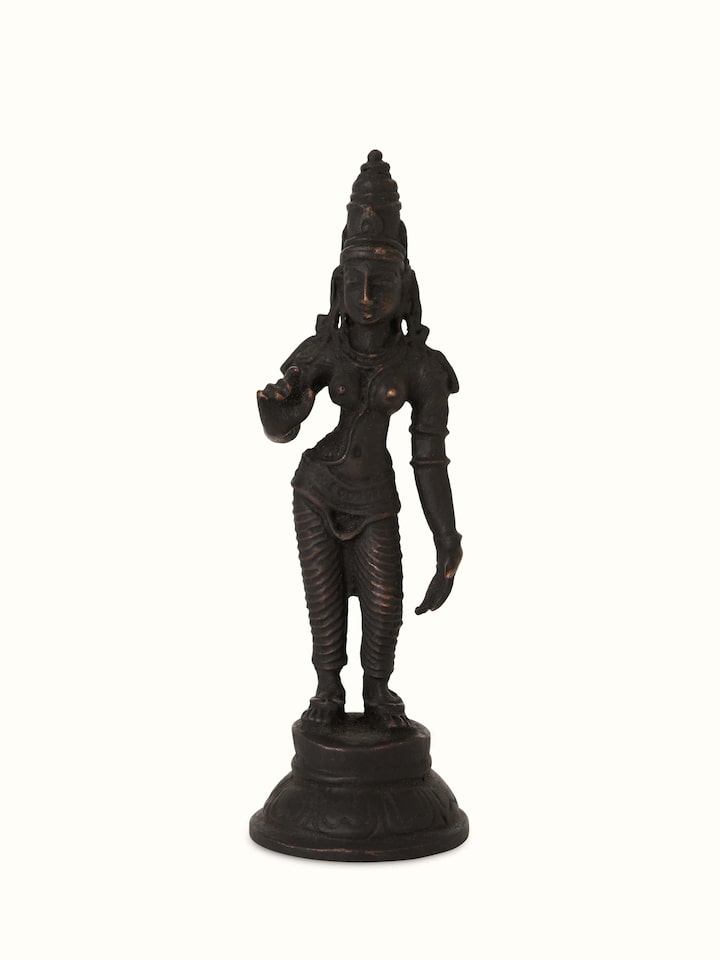 Revered bronze casting of Goddess Parvathi idol with detailed artistic features.
